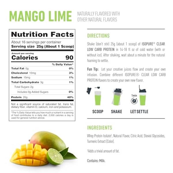 Isopure Clear Whey Isolate Protein Powder Infusions, Lactose Free, Gluten Free, Naturally Flavored, Mango Lime, 20g Protein Per Serving, 14.1 Oz, 16 Servings