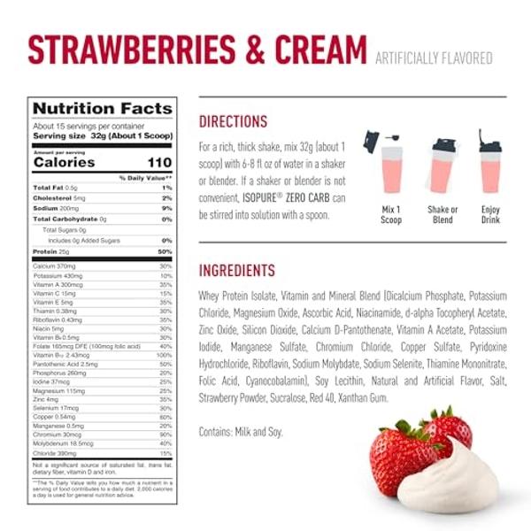 Isopure Zero Carb 100% Pure Whey Isolate Protein Powder, Lactose Free, Gluten Free, With Vitamins, Strawberries & Cream, 25g Protein Per Serving, 1 Lb, 15 Servings (Packaging May V