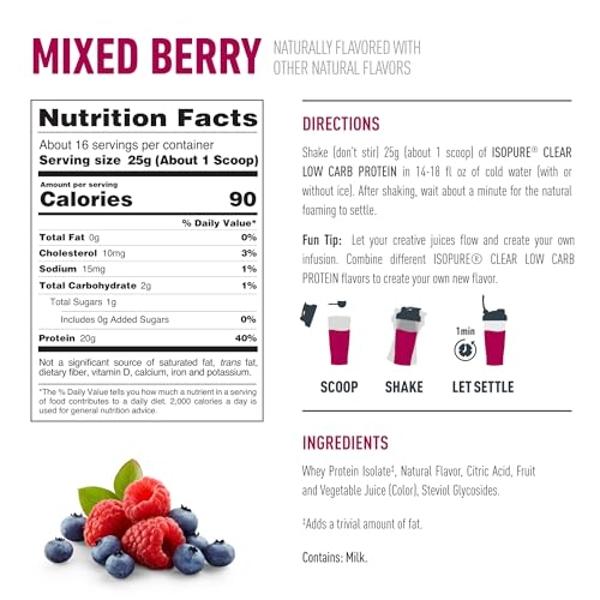 Isopure Clear Whey Isolate Protein Powder Infusions, Lactose Free, Gluten Free, Naturally Flavored, Mixed Berry, 20g Protein Per Serving, 14.1 Oz, 16 Servings (Packaging May Vary)