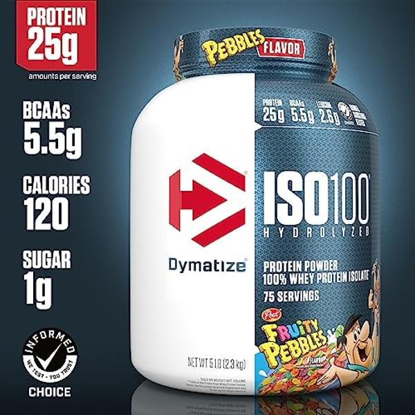 Dymatize x Fruity Pebbles ISO100 Whey Protein Powder Isolate, 25g of Protein, 75 Servings, 5.5g BCAAs, 120 Cal., Gluten Free, 1g Fat, 1g Sugar, 2g Carb