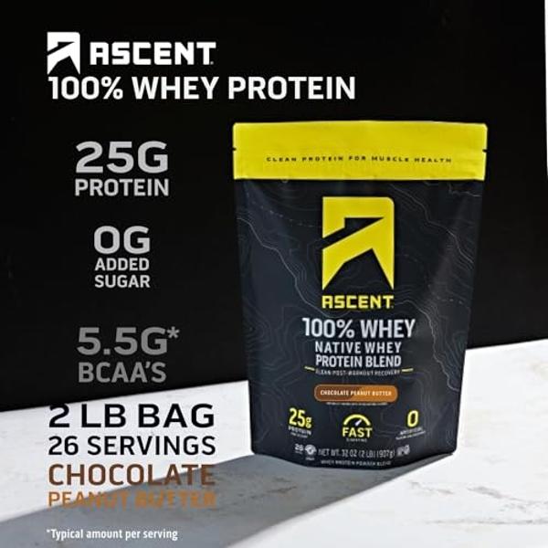 Ascent 100% Whey Protein Powder - Post Workout Whey Protein Isolate, Zero Artificial Flavors & Sweeteners, Gluten Free, 5.5g BCAA, 2.6g Leucine, Essential Amino Acids, Chocolate Pe