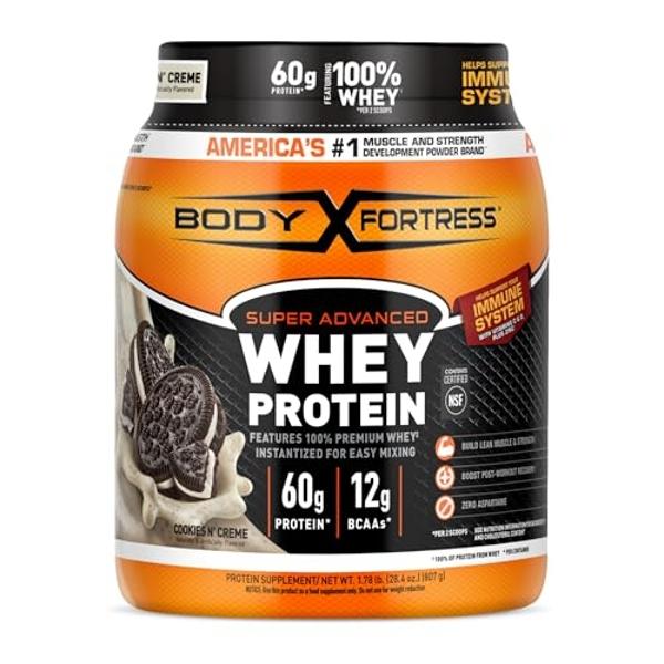 Body Fortress Super Advanced Whey Protein Powder, Cookies N’ Creme, 60g Protein & 12g BCAAs Per 2 Scoops, Muscle Gain & Recovery, Immune Support with Vitamins C & D, 1.78lbs (Packa