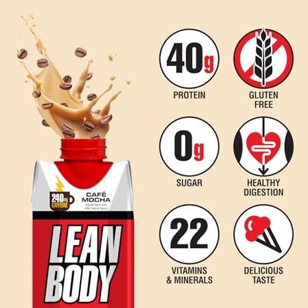 Lean Body Ready-to-Drink Café Mocha Protein Shake, 240mg Caffeine, 40g Protein, Whey Blend, 0 Sugar, Gluten Free, 22 Vitamins & Minerals, (Recyclable Carton & Lid - Pack of 12) LAB