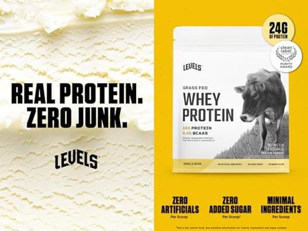 Levels Grass Fed Whey Protein Powder, No Artificials, 24G of Protein, Vanilla Bean, 1LB