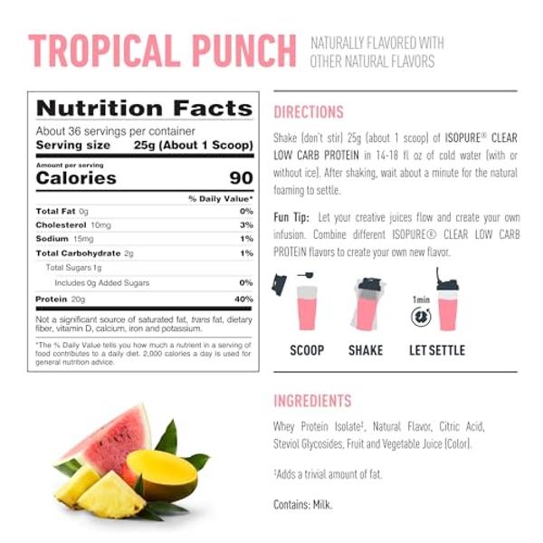 Isopure Clear Whey Isolate Protein Powder Infusions, Lactose Free, Gluten Free, Naturally Flavored, Tropical Punch, 20g Protein Per Serving, 1.9 Lbs, 36 Servings (Packaging May Var