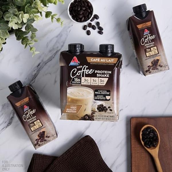 Atkins Café au Lait Iced Coffee Protein Shake, 15g Protein, Low Glycemic, 3g Net Carb, 1g Sugar, Keto Friendly, 12 Count