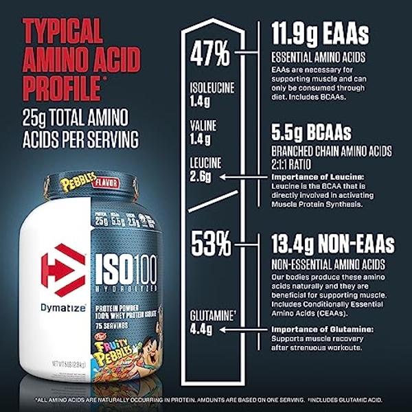 Dymatize x Fruity Pebbles ISO100 Whey Protein Powder Isolate, 25g of Protein, 75 Servings, 5.5g BCAAs, 120 Cal., Gluten Free, 1g Fat, 1g Sugar, 2g Carb