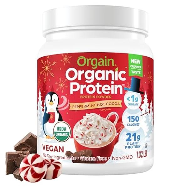 Orgain Organic Vegan Protein Powder, Peppermint Hot Cocoa Holiday Flavor - 21g of Plant Protein, 5g Prebiotic Fiber, No Lactose Ingredients, No Added Sugar, Non-GMO, For Shakes & S