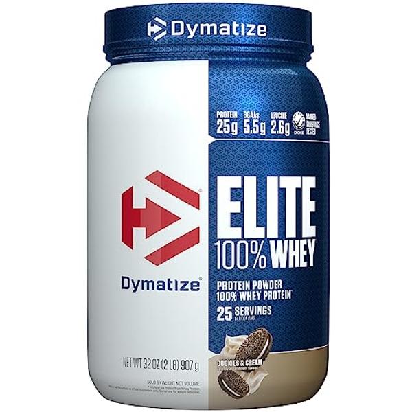 Dymatize Elite 100% Whey Protein Powder, Cookies & Cream, 25g of Protein, 25 Servings, 5.5g BCAAs, Less Than 140 Cal., Gluten Free, 3g Carb, 2g Sugar, 3g Fat