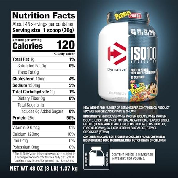 Dymatize x Fruity Pebbles ISO100 Whey Protein Powder Isolate, 25g of Protein, 45 Servings, 5.5g BCAAs, 120 Cal., Gluten Free, 1g Fat, 1g Sugar, 2g Carb