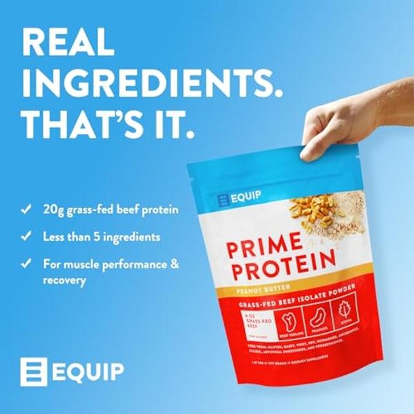 Equip Foods Prime Protein Powder | Clean, Grass Fed Beef Protein Isolate | Carnivore Protein Powder | Paleo, Keto Friendly | Gluten, Dairy Free | 30 Servings, Peanut Butter