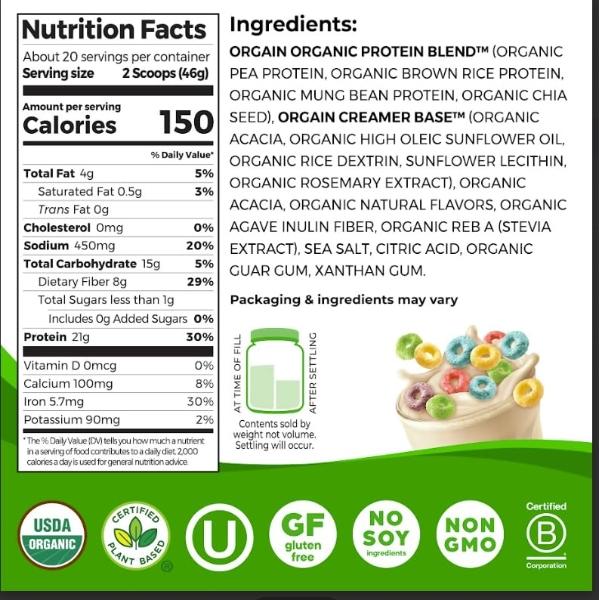 Orgain Organic Vegan Protein Powder, Fruity Cereal - 21g Plant Based Protein, Gluten Free, Dairy Free, Lactose Free, Soy Free, No Sugar Added, Kosher, For Smoothies & Shakes - 2.03