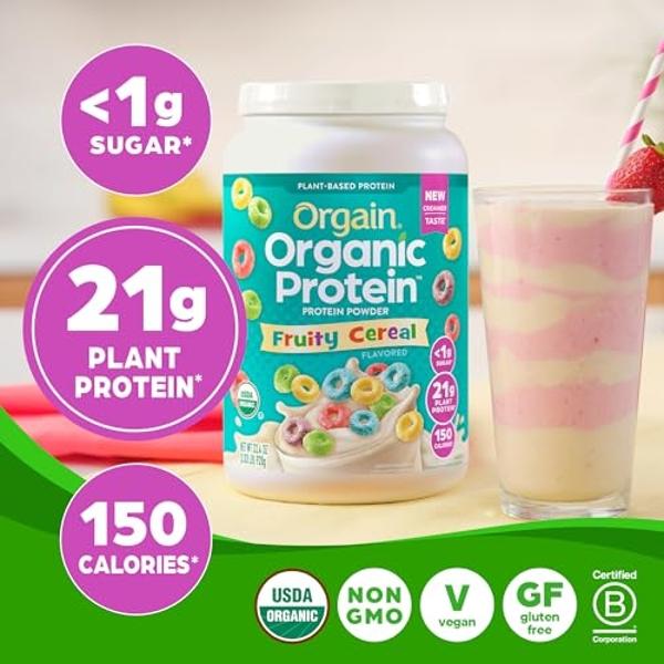 Orgain Organic Vegan Protein Powder, Fruity Cereal - 21g Plant Based Protein, Gluten Free, Dairy Free, Lactose Free, Soy Free, No Sugar Added, Kosher, For Smoothies & Shakes - 2.03