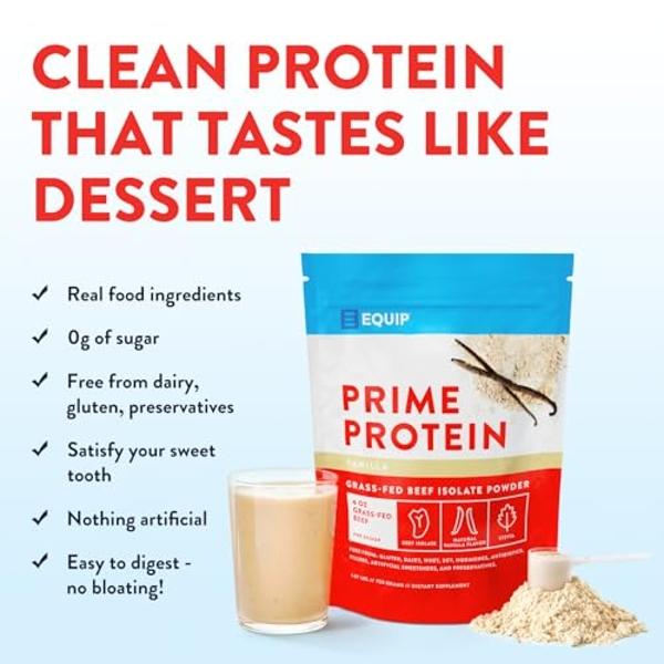 Equip Foods Prime Protein Powder | Clean, Grass Fed Beef Protein Isolate | Carnivore Protein Powder | Paleo, Keto Friendly | Gluten, Dairy Free | Helps Build & Repair Tissue | 30 S