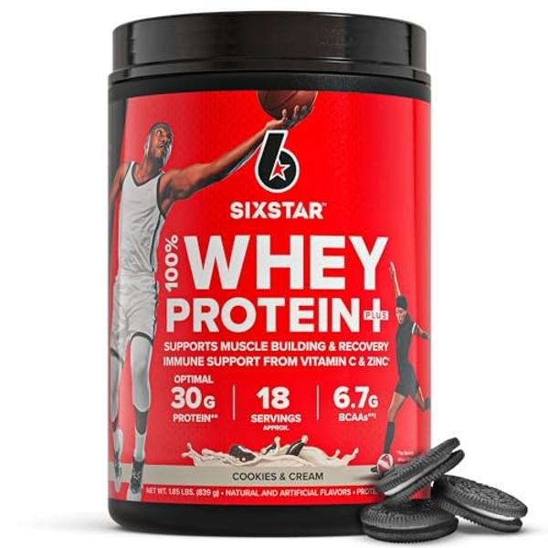 Six Star Whey Protein Powder Plus - Muscle Building & Recovery Formula with Whey Isolate Powder, BCAAs, 30g Protein, Immune Support - Post-Workout Supplement - Cookies and Cream, 1