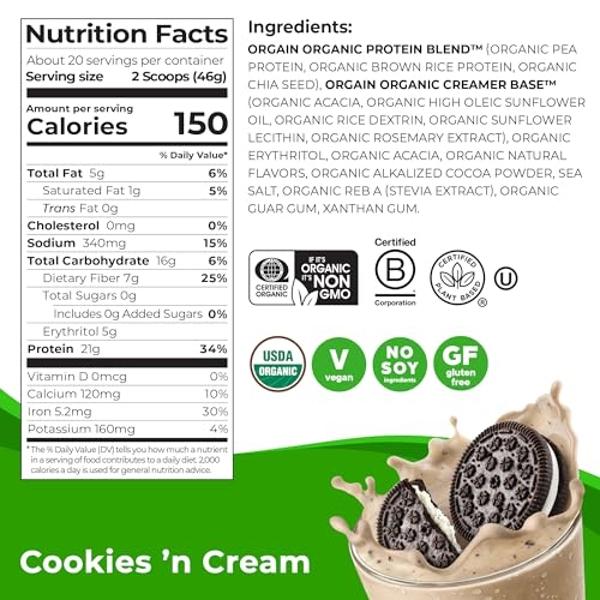 Orgain Organic Vegan Protein Powder, Cookies 'n Cream - 21g of Plant Based Protein, Low Net Carbs, Gluten Free, Lactose Free, No Sugar Added, Soy Free, Kosher, Non-GMO, 2.03 Lb