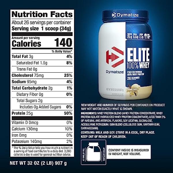 Dymatize Elite 100% Whey Protein Powder, L-Leucine, Quick Absorbing & Fast Digesting for Optimal Muscle Recovery, Gourmet Vanilla, 32 Oz