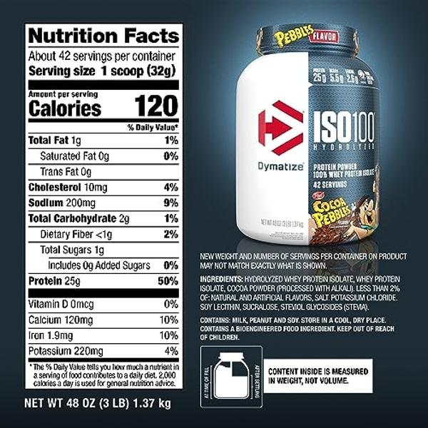Dymatize x Cocoa Pebbles ISO100 Whey Protein Powder Isolate, 25g of Protein, 42 Servings, 5.5g BCAAs, 120 Cal., Gluten Free, 1g Fat, 1g Sugar, 2g Carb