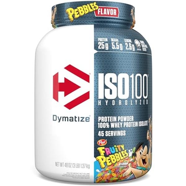 Dymatize x Fruity Pebbles ISO100 Whey Protein Powder Isolate, 25g of Protein, 45 Servings, 5.5g BCAAs, 120 Cal., Gluten Free, 1g Fat, 1g Sugar, 2g Carb