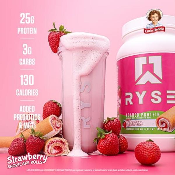 RYSE Loaded Protein Powder - Little Debbie Strawberry Shortcake Rolls - 25g Whey Protein Isolate & Concentrate with Prebiotic Fiber & MCTs - Low Carb & Low Sugar - 27 Servings / 2 