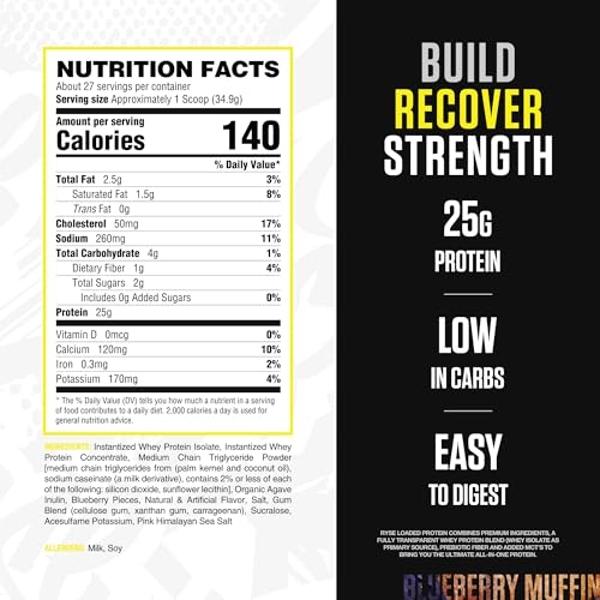 RYSE Loaded Protein Powder - Blueberry Muffin - 25g Whey Protein Isolate & Concentrate with Prebiotic Fiber & MCTs - Low Carb, Low Sugar, Digestive-Friendly - 20 Servings / 1.5 lb 