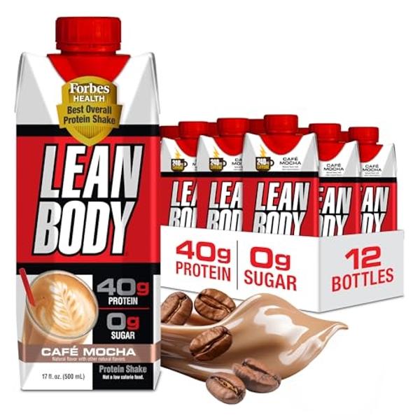 Lean Body Ready-to-Drink Café Mocha Protein Shake, 240mg Caffeine, 40g Protein, Whey Blend, 0 Sugar, Gluten Free, 22 Vitamins & Minerals, (Recyclable Carton & Lid - Pack of 12) LAB