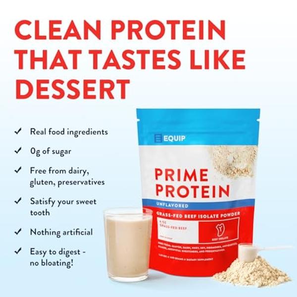 Equip Foods Prime Protein Powder | Clean, Grass Fed Beef Protein Isolate | Carnivore Protein Powder | Paleo, Keto Friendly | Gluten, Dairy Free | Helps Build & Repair Tissue | 30 S