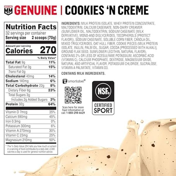 Muscle Milk Genuine Protein Powder, Cookies 'n Crème, 4.94 Pound, 32 Servings, 32g Protein, 2g Sugar, Calcium, Vitamins A, C & D, NSF Certified for Sport, Energizing Snack, Packagi