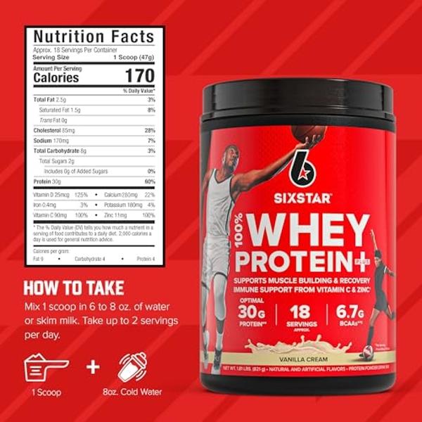 Six Star Whey Protein Powder Plus - Muscle Building & Recovery Formula with Whey Isolate Powder, BCAAs, 30g Protein, Immune Support - Post-Workout Supplement - Vanilla Cream, 1.8 l