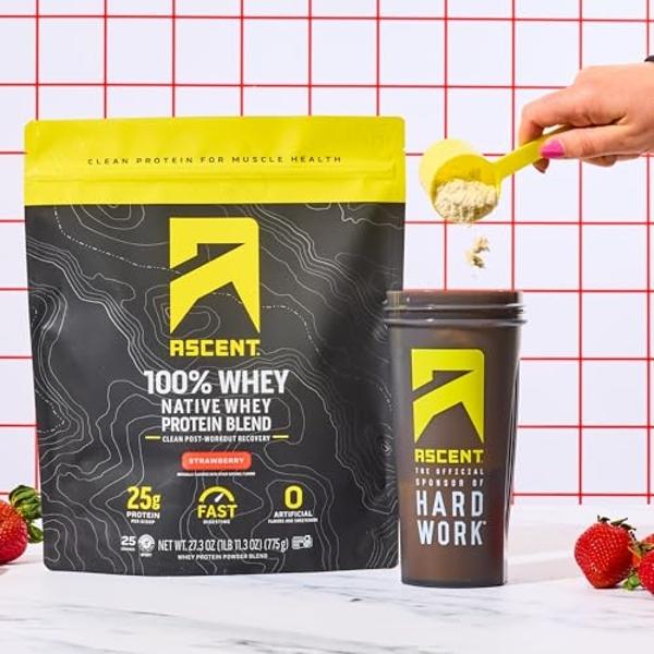 Ascent 100% Whey Protein Powder - Post Workout Whey Protein Isolate, Zero Artificial Flavors & Sweeteners, Gluten Free, 5.5g BCAA, 2.6g Leucine, Essential Amino Acids, Strawberry 1