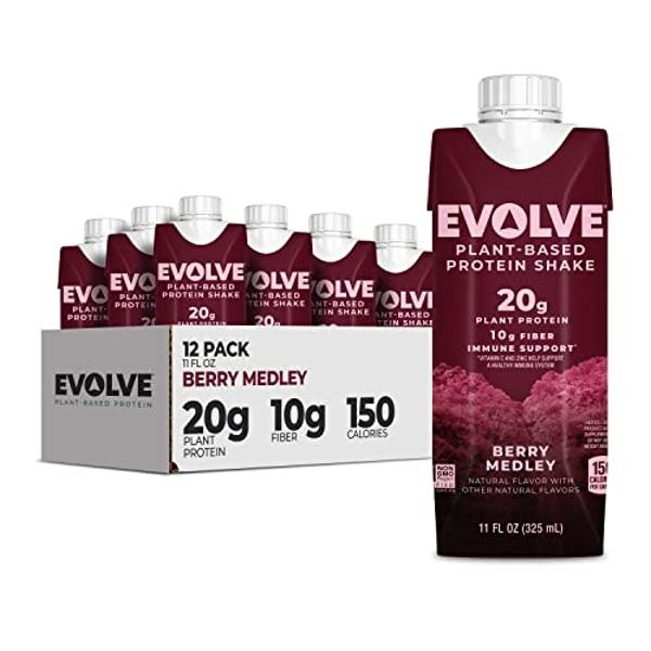 Evolve Plant Based Protein Shake, Berry Medley, 20g Vegan Protein, Immune Support, Vitamin C & Zinc, Dairy Free, No Artificial Sweeteners, Non-GMO, 10g Fiber, 11oz, (12 Pack) (Form