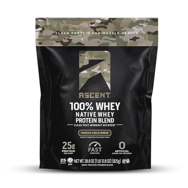 Ascent 100% Whey Protein Powder - Post Workout Whey Protein Isolate, Zero Artificial Flavors & Sweeteners, Gluten Free, 5.5g BCAA, 2.6g Leucine, Military Exclusive, Mocha Cold Brew
