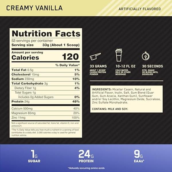 Optimum Nutrition Gold Standard 100% Micellar Casein Protein Powder, Slow Digesting, Helps Keep You Full, Overnight Muscle Recovery, Creamy Vanilla, 4 Pound (Packaging May Vary)