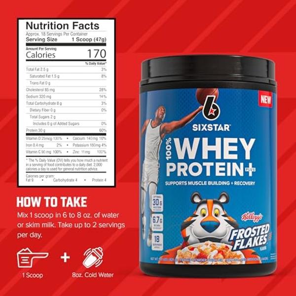 Six Star Whey Protein Powder Plus - Muscle Building & Recovery Formula with Whey Isolate Powder, BCAAs, 30g Protein, Immune Support - Post-Workout Supplement - Kellogg’s Frosted Fl