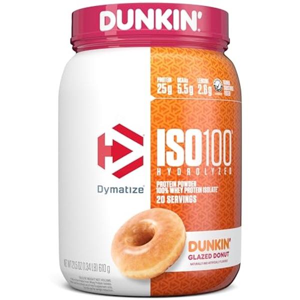 Dymatize x Dunkin' Glazed Donut ISO100 Whey Protein Powder, 25g of Protein, 20 Servings, 5.5g BCAAs, 120 Cal., Gluten Free, 1g Fat, 1g Sugar, 2g Carb