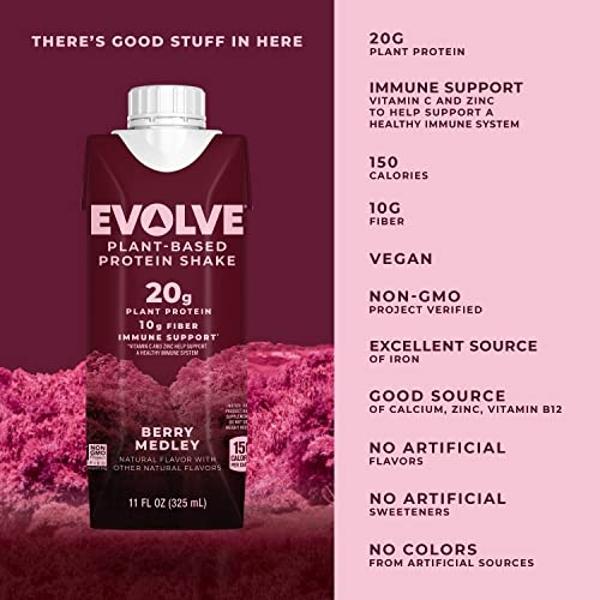 Evolve Plant Based Protein Shake, Berry Medley, 20g Vegan Protein, Immune Support, Vitamin C & Zinc, Dairy Free, No Artificial Sweeteners, Non-GMO, 10g Fiber, 11oz, (12 Pack) (Form