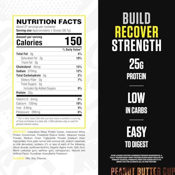RYSE Loaded Protein Powder - Peanut Butter Cup - 25g Whey Protein Isolate & Concentrate with Prebiotic Fiber & MCTs - Low Carb, Low Sugar, Digestive-Friendly - 27 Servings / 2 lb T