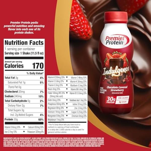 Premier Protein Indulgence Protein Shake, 30g Protein, 3g Sugar, Chocolate Covered Strawberry, 11.5 fl oz, Pack of 12