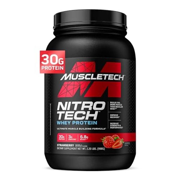 Muscletech Whey Protein Powder (Strawberry, 2.2 Pound) - Nitro-Tech Muscle Building Formula with Whey Protein Isolate & Peptides - 30g of Protein, 3g of Creatine & 6.6g of BCAA