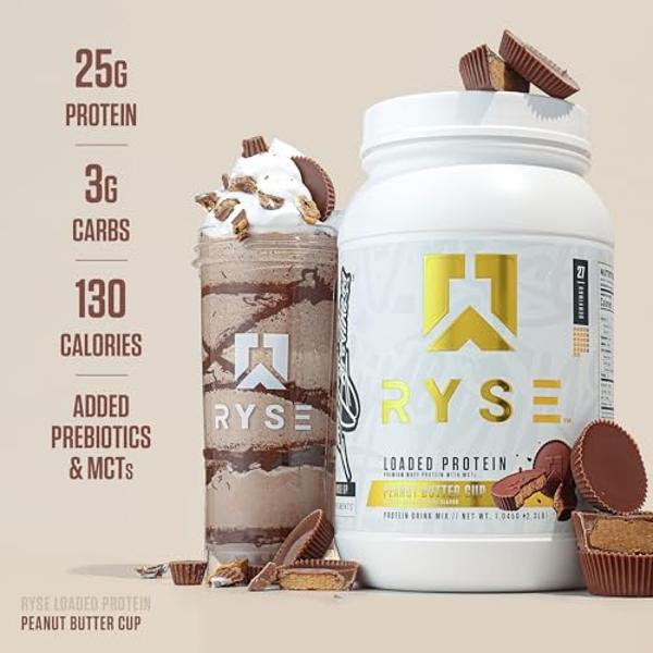 RYSE Loaded Protein Powder - Peanut Butter Cup - 25g Whey Protein Isolate & Concentrate with Prebiotic Fiber & MCTs - Low Carb, Low Sugar, Digestive-Friendly - 27 Servings / 2 lb T