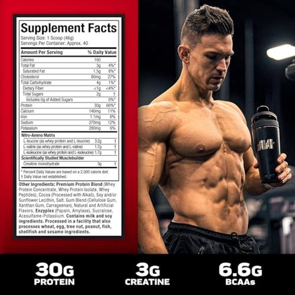 Muscletech Whey Protein Powder (Milk Chocolate, 2.2 Pound) - Nitro-Tech Muscle Building Formula with Whey Protein Isolate & Peptides - 30g of Protein, 3g of Creatine & 6.6g of BCAA
