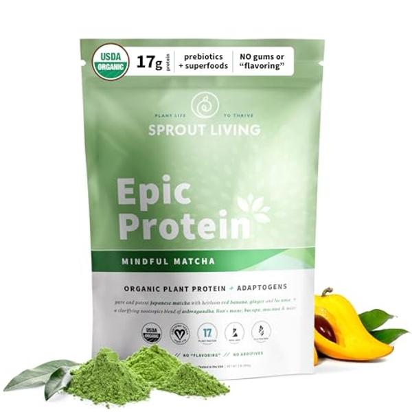 Sprout Living Epic Protein, Plant Based Protein & Superfoods Powder, Mindful Matcha | 17 Grams Organic Protein Powder, Vegan, Non-GMO, Gluten Free, Adaptogens + Nootropics (1 Pound