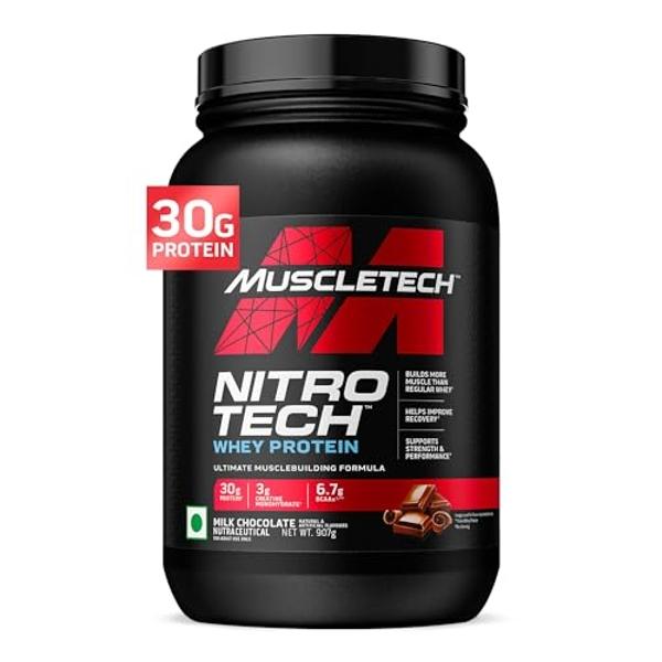 Muscletech Whey Protein Powder (Milk Chocolate, 2.2 Pound) - Nitro-Tech Muscle Building Formula with Whey Protein Isolate & Peptides - 30g of Protein, 3g of Creatine & 6.6g of BCAA