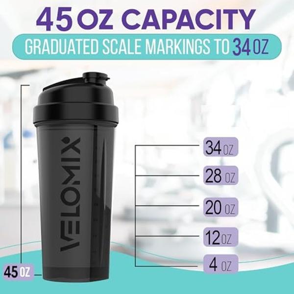 VELOMIX -2 Pack- 45 oz Protein Shaker Bottles for Protein Mixes - 2x Wire Whisk | Leak Proof Shaker Cups for Protein Shakes | Protein Shaker Bottle Pack | Shakers for Protein Shake