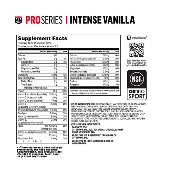 Muscle Milk Pro Series Protein Powder Supplement, Intense Vanilla, 5 Pound, 28 Servings, 50g Protein, 3g Sugar, 20 Vitamins & Minerals, NSF Certified for Sport, Workout Recovery, P