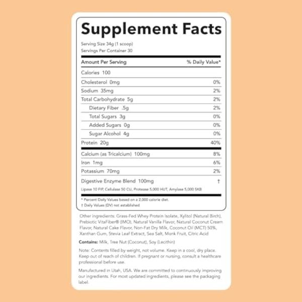 Clean Simple Eats Coconut Cream Whey Protein Powder, Natural Sweetened and Cold-Processed Whey Protein Powder, 20 Grams of Protein (30 Servings)