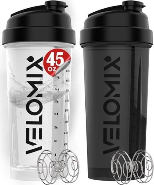 VELOMIX -2 Pack- 45 oz Protein Shaker Bottles for Protein Mixes - 2x Wire Whisk | Leak Proof Shaker Cups for Protein Shakes | Protein Shaker Bottle Pack | Shakers for Protein Shake