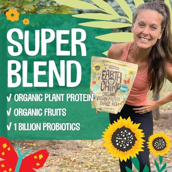 EarthChimp Organic Vegan Protein Powder - with Probiotics - Non GMO, Dairy Free, Non Whey, Plant Based Protein Powder for Women and Men, Gluten Free - 52 Servings 64 Oz (Vanilla)