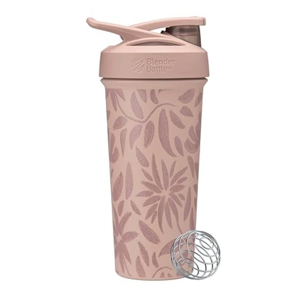 BlenderBottle Strada Flip Shaker Cup Insulated Stainless Steel Water Bottle with Wire Whisk, 25-Ounce, Brown Flowers