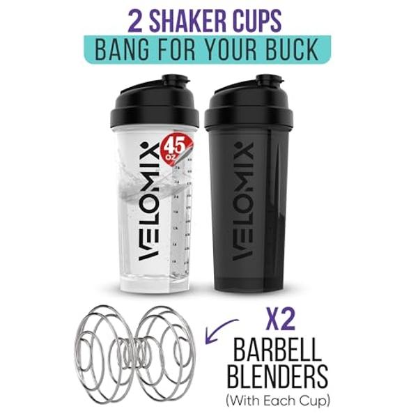 VELOMIX -2 Pack- 45 oz Protein Shaker Bottles for Protein Mixes - 2x Wire Whisk | Leak Proof Shaker Cups for Protein Shakes | Protein Shaker Bottle Pack | Shakers for Protein Shake